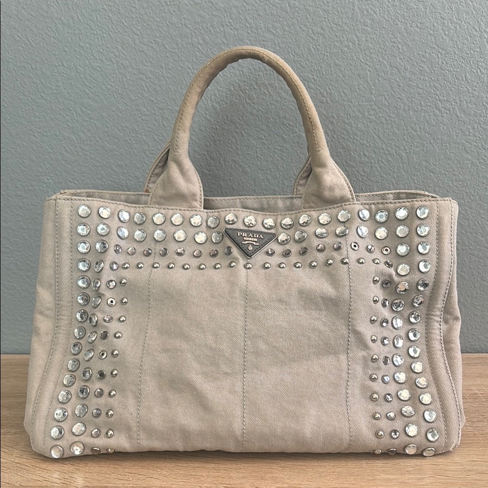 Prada Canapa Bijoux Denim Beige Studded Bag